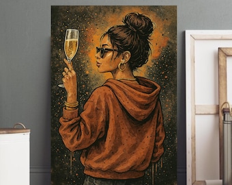 Urban Woman with Champagne: Modern Street Style Art Print (Digital Download)