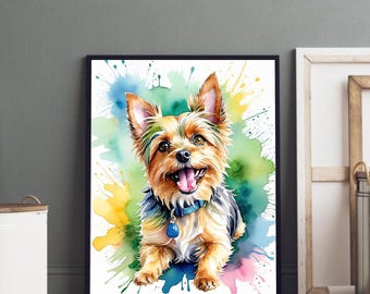 Peut inclure: Peinture à l'aquarelle d'un chien Yorkshire Terrier souriant. Le chien a des poils bruns, noirs et fauves, un collier bleu et une étiquette bleue. L'arrière-plan présente des éclaboussures de peinture aquarelle colorées en bleu, vert, jaune et rose.