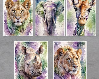Watercolor animal prints Safari , Digital Download 5 images
