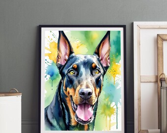 May include: Watercolor painting of a Doberman Pinscher dog with a black and tan coat, green eyes, and a pink tongue. The background features colorful paint splatters in shades of green, yellow, and blue. The artwork is framed in a black frame.