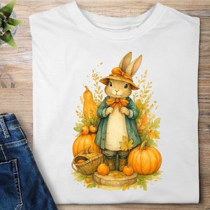 Watercolor Autumn Rabbit Clipart, Fall Bunny with Pumpkins PNG, Vintage Woodland Animal Illustration