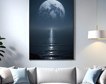 Impresión fotográfica del océano iluminado por la luna: Arte mural de cielo nocturno (descarga digital)