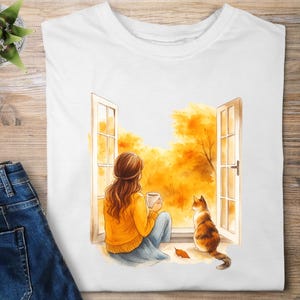 Stampa acquerello di ragazza e gatto autunnale: accogliente scena di finestra autunnale, download digitale PNG