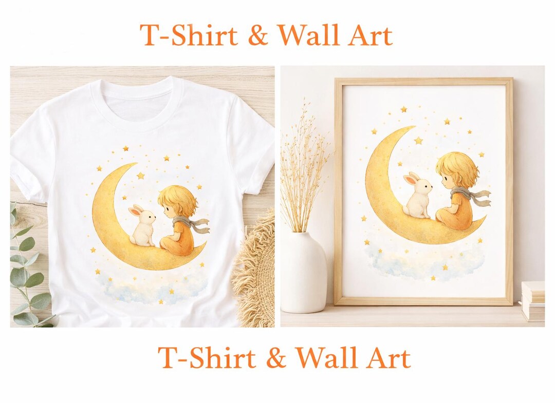 Little Prince Moon Rabbit, PNG Print T-shirt | Watercolor Illustration ...