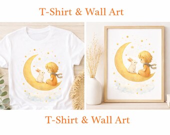 Camiseta con estampado PNG de El Principito Luna Conejo / Ilustración en acuarela para habitación infantil