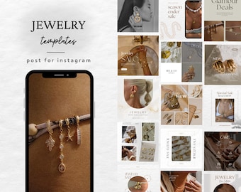 Puede incluir: Imagen promocional de plantillas de joyería para Instagram. La imagen presenta un teléfono inteligente que muestra varios diseños de joyería, incluidos aretes y collares. El texto incluye "JEWELRY templates" y "post for instagram."