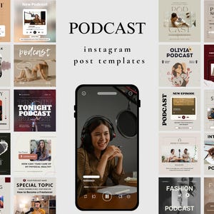 Könnte beinhalten: Eine Sammlung von Instagram-Post-Vorlagen zum Thema Podcasts. Das zentrale Bild zeigt eine Frau mit Kopfhörern und Mikrofon, die anscheinend einen Podcast aufnimmt. Um das zentrale Bild herum befinden sich verschiedene quadratische Vorlagen mit Podcast-bezogenen Grafiken und Text.