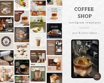 May include: A collection of Instagram templates for a coffee shop, featuring various coffee drinks, pastries, and promotional graphics. The templates include text such as "Coffee Shop," "Espresso," and "Iced Latte," with a focus on visual appeal and branding.