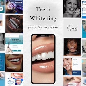 Puede incluir: Un collage de imágenes que promocionan servicios dentales, incluido el blanqueamiento dental. Las imágenes presentan primeros planos de dientes, rostros sonrientes y logotipos de clínicas dentales. El texto incluye "Blanqueamiento dental" y "Clínica dental".