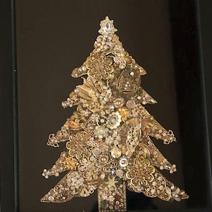 Gold/OOAK Jeweled Framed Jewelry Art Christmas Tree Vintage