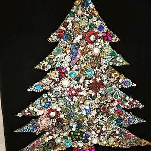 Large OOAK Jeweled Framed Jewelry Art Christmas tree Vintage Rhinestone with Star Topper