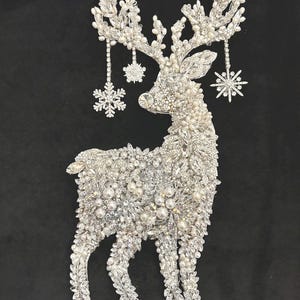 Large OOAK Jeweled Framed Jewelry Art Rhinestone/Pearl  Deer facing left