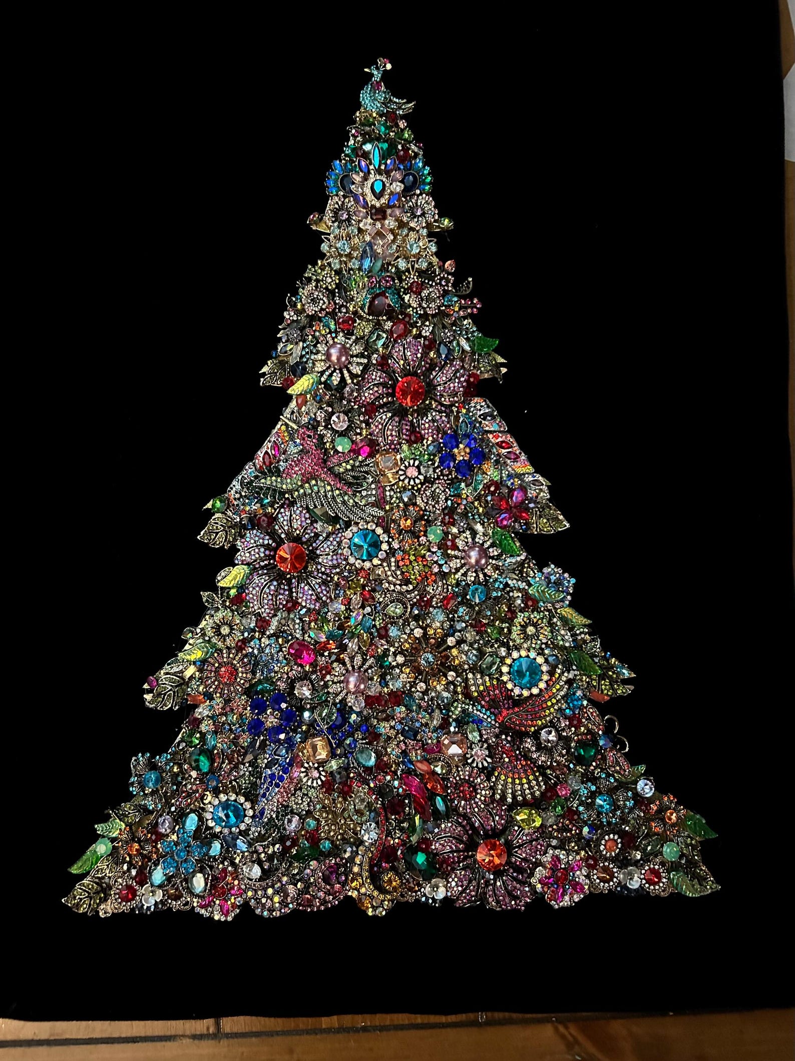XL OOAK Jeweled Framed Jewelry Art Christmas Tree Rhinestone With Bird ...