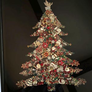 XL OOAK Jeweled Framed Jewelry Art Christmas Tree Rhinestone with Angel Topper
