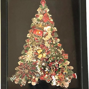 Gold/Red OOAK Jeweled Framed Jewelry Art Christmas Tree Vintage with Candle topper.