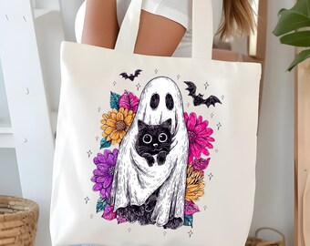 Floral Ghost Cat Halloween DTF Transfer, Retro Spooky Shirt Iron On (Ready To Press)