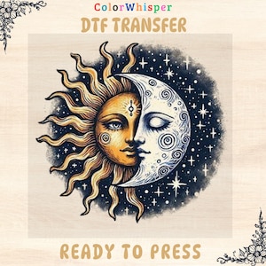May include: DTF transfer featuring a celestial design with a sun and moon face. The sun is golden yellow, and the moon is white with a starry background. The text "ColorWhisper" and "DTF TRANSFER" are at the top, and "READY TO PRESS" is at the bottom.