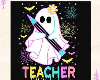 Spooky Teacher DTF Transfer, Halloween Ghost & Pencil Iron-On Design, Ready to Press