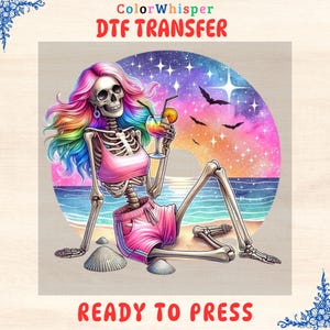 Gothic Skeleton Girl Beach DTF Transfer, Colorful Summer Shirt Design, Ready to Press Festival Decal, Vibrant DIY Heat Press Print