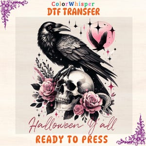 May include: DTF transfer featuring a black raven perched on a skull, surrounded by pink roses and a pink moon. The text "Halloween Y'all" and "READY TO PRESS" are displayed in a decorative font. The ColorWhisper logo is at the top.