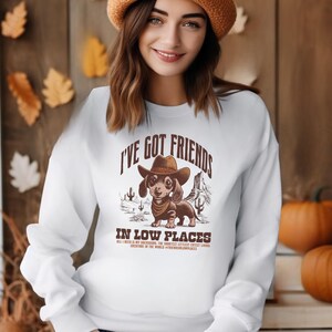 May include: White sweatshirt with a graphic featuring a dachshund wearing a cowboy hat, desert landscape, and the text "I'VE GOT FRIENDS IN LOW PLACES". The sweatshirt has long sleeves and a crew neck.