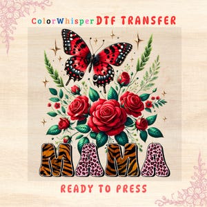 Transfert DTF Mama : motif thermocollant rose rouge et papillon