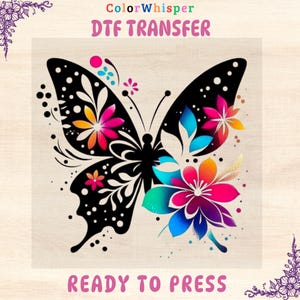 Floral Butterfly DTF Transfer – Spring Summer DIY Shirt Design – Romantic Heat Press Gift for Her – Ready to Press for Totes, Bags & Apparel