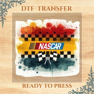 May include: A ready-to-press iron-on transfer featuring a checkered flag design with the word "NASCAR" in red and white letters on a yellow background. The design is surrounded by a red, yellow, and blue watercolor effect.