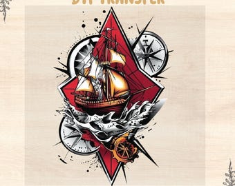Vintage Sailor Ship DTF Transfer: Nautical Tattoo Style Iron On, DIY Apparel