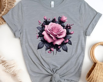 May include: A heather grey t-shirt with a pink rose and green leaves printed on the front.