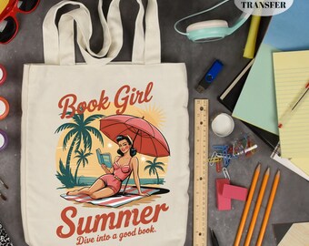 Book Girl Summer DTF Transfer: Ready to Press Beach Scene Design