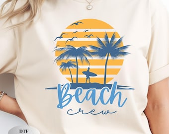 Transferencia de Beach Crew DTF: Diseño de verano de surfista con palmeras y puesta de sol