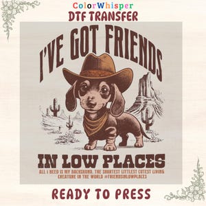 May include: A DTF transfer featuring a dachshund wearing a cowboy hat and bandana, set against a desert landscape. The text reads "I'VE GOT FRIENDS IN LOW PLACES" and "READY TO PRESS". The design includes the text "ALL I NEED IS MY DACHSHUND, THE SHORTEST LITTLEST CUTEST LIVING CREATURE IN THE WORLD #FRIENDSINLOWPLACES".
