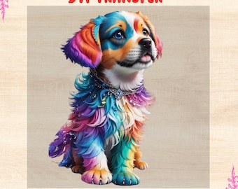 Rainbow Puppy DTF Transfer • Vibrant Colorful Dog Iron-On • DIY Animal Lover Shirt Design
