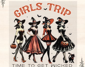 Diseño termoadhesivo para viaje de chicas de Halloween: divertido diseño de bruja para camisetas, ropa para manualidades.