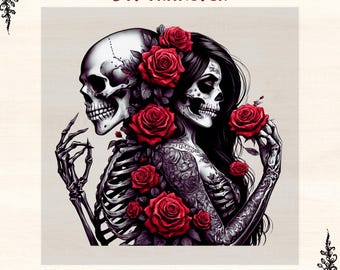 Gothic Skeleton Roses DTF Transfer • Dark Romence Skull Iron On