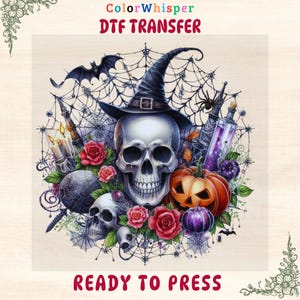 Halloween Skull DTF Transfer – Dark Floral Skull with Roses, Bats & Spider Web – Spooky Gothic Iron On –Ready to Press DIY Fall Shirt Design