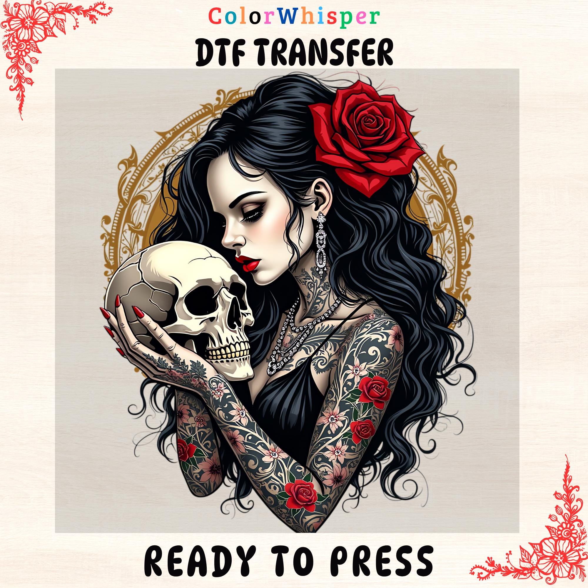 Gothic Girl Skull & Rose DTF Transfer: DIY Apparel Design