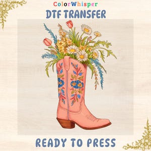 Pink Cowboy Boot with Flowers DTF Transfer: Retro Cowgirl Design