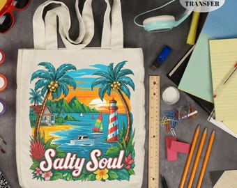 Salty Soul Beach Scene DTF Transfer: Palmeras tropicales, faro, diseño de velero