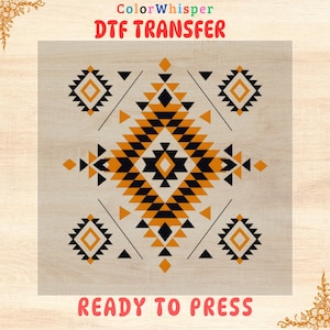 May include: DTF TRANSFER graphic with a geometric design in black and orange on a light wood grain background. The design features diamond and triangle shapes. The text "ColorWhisper DTF TRANSFER" is at the top, and "READY TO PRESS" is at the bottom.
