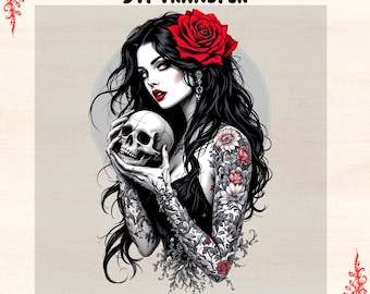 Tattoo Girl DTF Transfer: Gothic Skull & Rose Heat Press Design