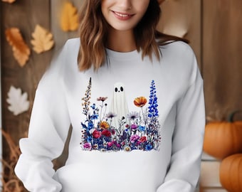 Floral Ghost Halloween DTF Transfer, Wildflower Spooky Fall Iron On (Ready To Press)