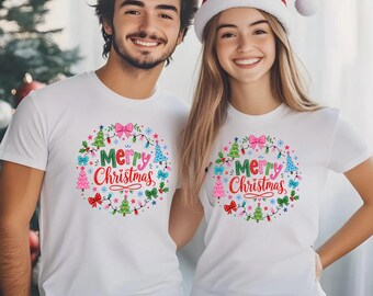 Merry Christmas Wreath DTF Transfer, Ready to Press, Coquette Bow Xmas Iron On Decal