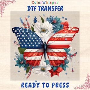 Transfert DTF papillon drapeau américain : thermocollant floral patriotique