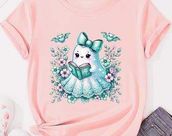 Pastel Ghost Reading Book DTF Transfer, Halloween Bow Iron On Design