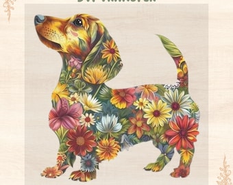 Floral Dachshund DTF Transfer: Colorful Dog Design, DIY Shirt, Tote Bags, Pillowcase More