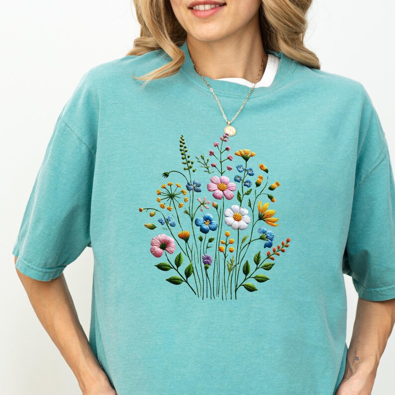 Faux Embroidered Wildflower DTF Transfer • Rustic Boho Iron on • Floral ...