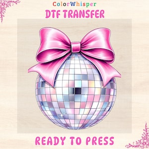 Holographic Disco Ball DTF Transfer: Pink Bow Design, Trendy Sparkle HTV, Girlie Iron On