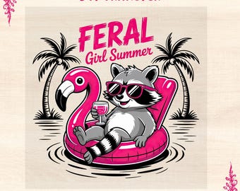 Feral Girl Summer Raccoon Flamingo DTF Transfer Ready to Press T-shirt Design